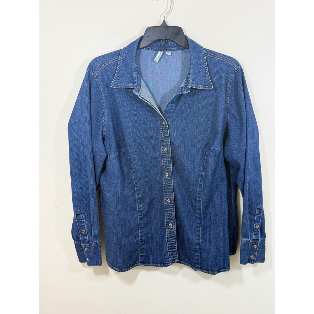 St John's Bay Women's 2X Blue Denim Button Front Shirt Stretch Western Shacket